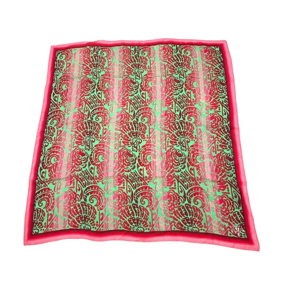 Katja Silk Scarf Vintage Pink Green Chiffon 26 x 26" Batik Style Design